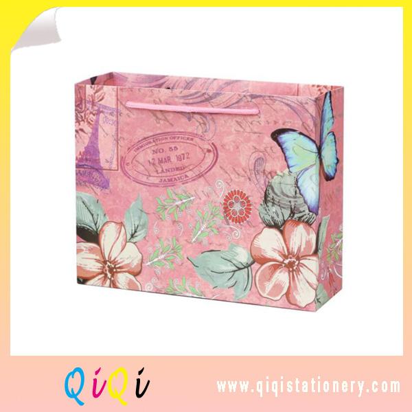 Customize printing Pink butterfly paper package bag gift bag